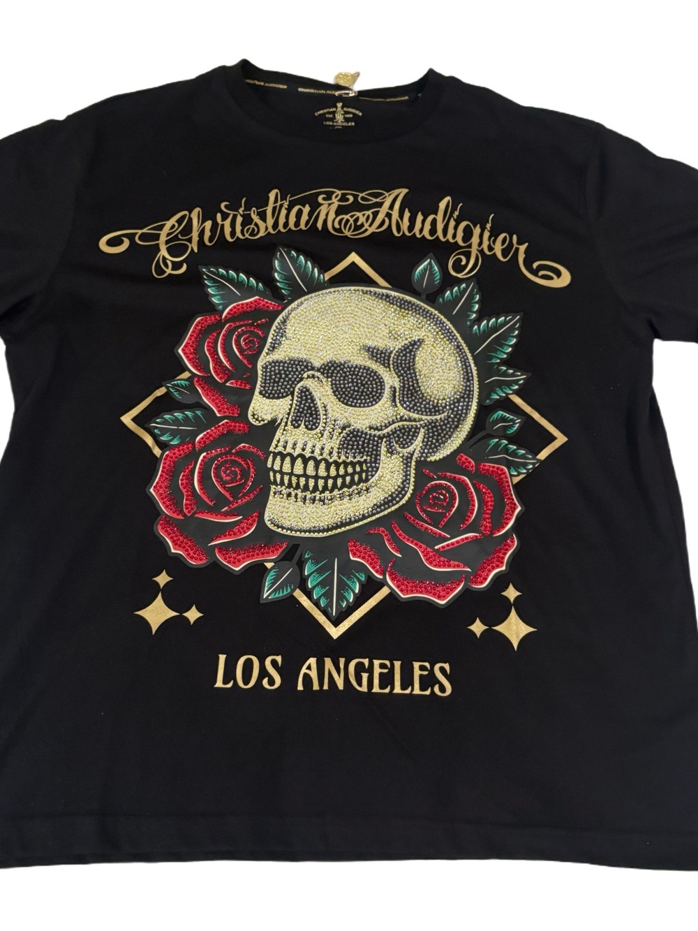 Christian Audigier Black Tee with Gold Skull and Red Roses⭐️NWT⭐️